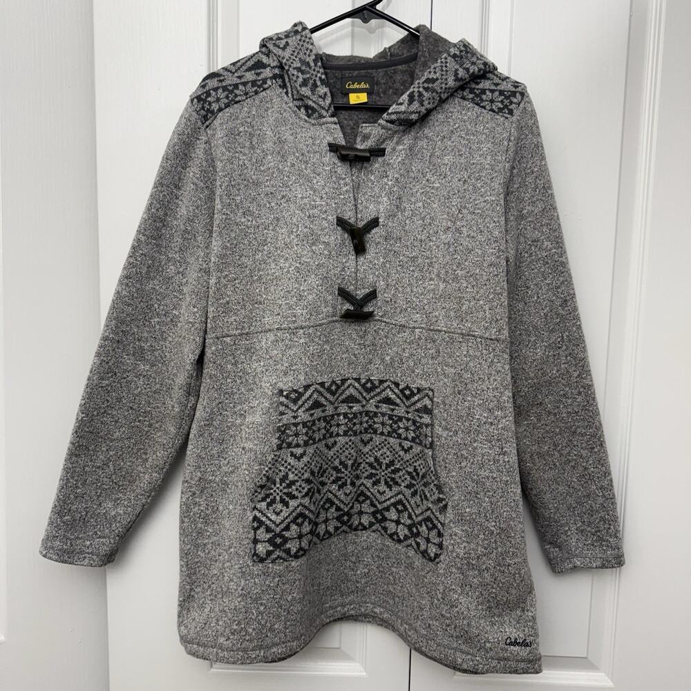 Cabela's Pullover Sweater XL Gray Fair Isle Toggle Hoodie Aztec Casual Hiking
